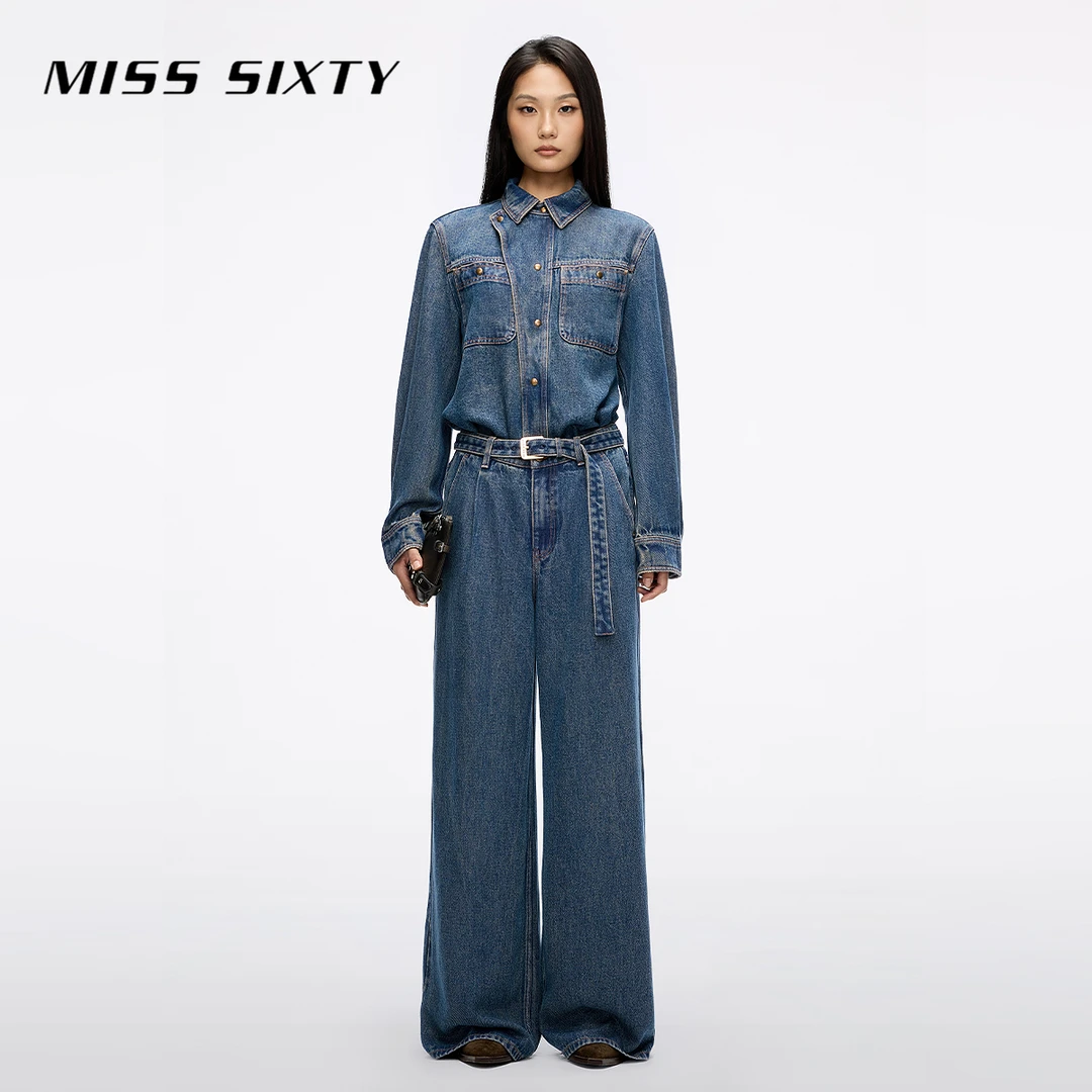 Miss Sixty2025秋季新款莱赛尔牛仔连体裤女配腰带复古工装直筒裤
