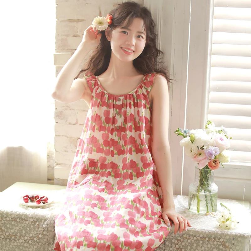 『眠岛』夏季无袖睡裙女纯棉纱布甜美少女睡衣大码薄款家居裙子