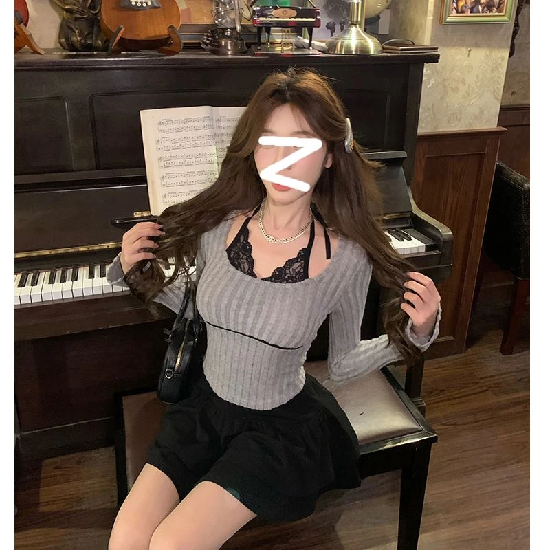 设计感拼接蕾丝挂脖假两件长袖T恤女2025秋冬款修身显瘦早春上衣