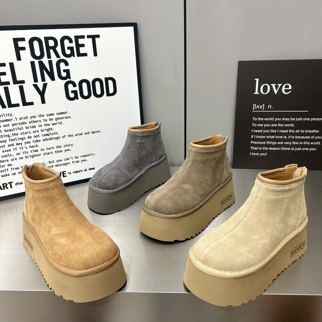 欧货2025秋新款磨砂软皮后拉链短靴勃肯鞋圆头松糕厚底雪地靴女鞋