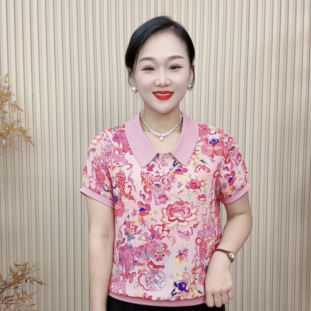 妈妈装洋气欧若拉翻领中老年女装夏季薄款印花减龄显瘦时尚休闲