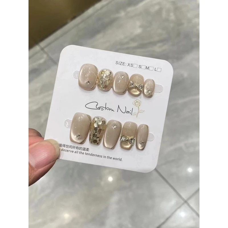 【梦境】手工穿戴甲轻奢气质通勤香槟金亮片冰透猫眼蝴蝶结钻