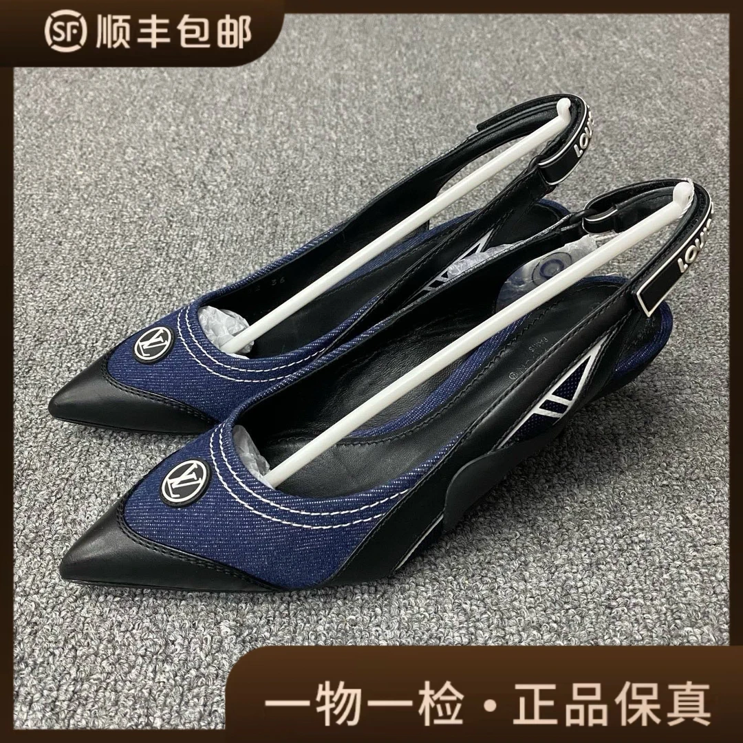 95新 LouisVuitton/路易威登 98新/36码/牛仔标语高跟鞋/BF01643