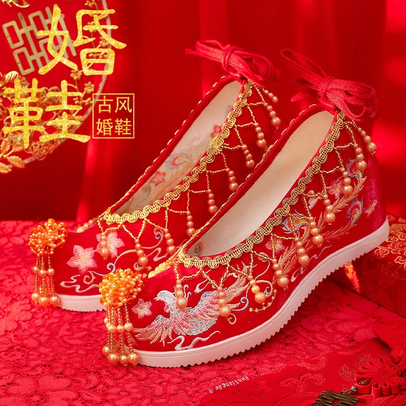 【容颜】2025新款秀禾鞋搭配汉服绣花鞋内增高明制翘头古装秀禾婚鞋