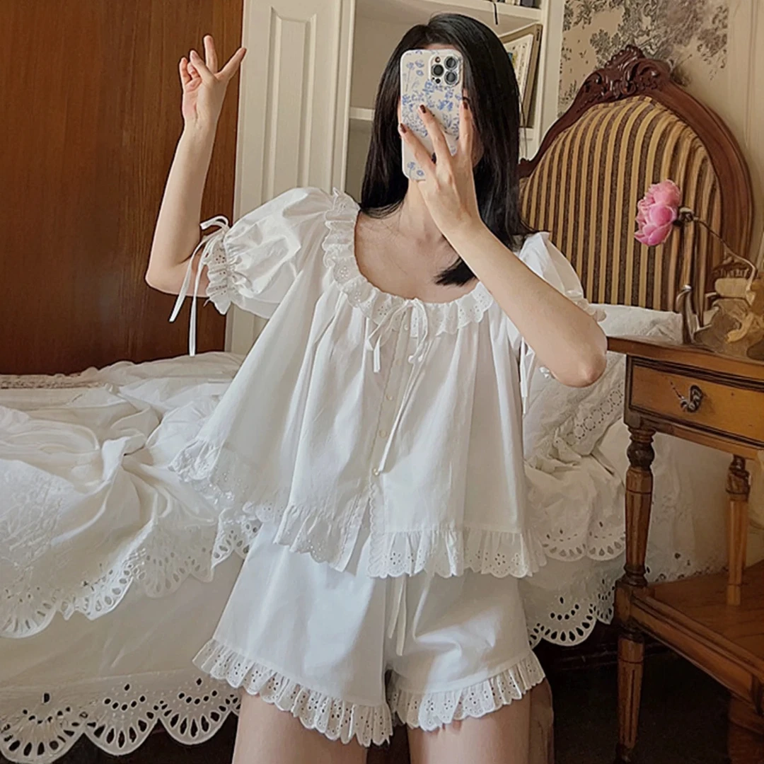 法式少女公主风睡裙甜美复古棉布可爱短袖宽松长款睡衣女夏家居服