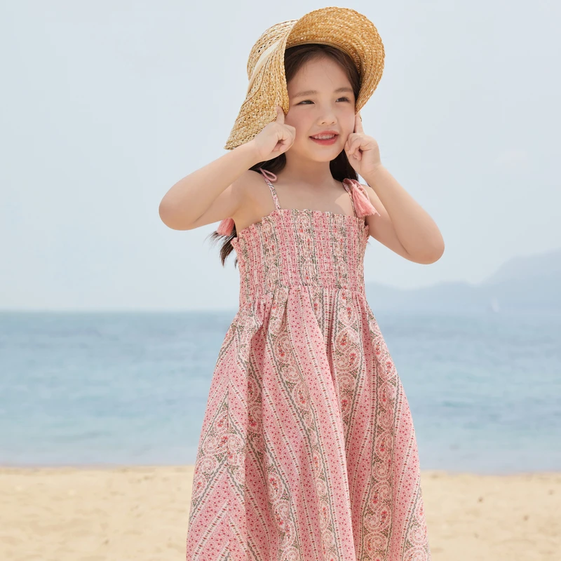 陈大猪女童 梭织轻薄碎花飞飞袖吊带连衣裙-GLX3523