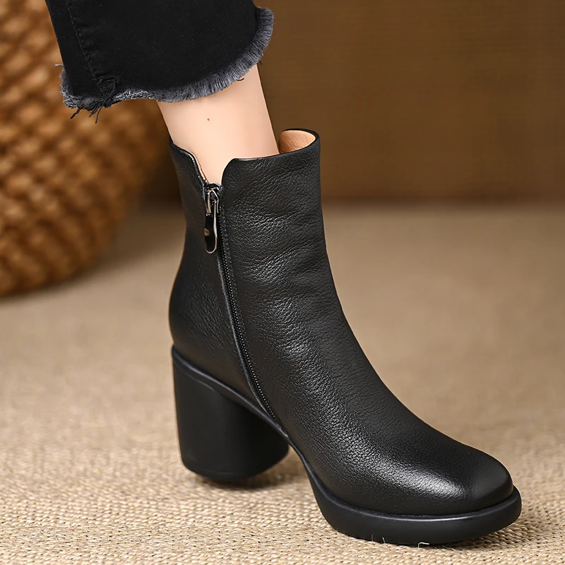 7cm通勤粗跟软羊皮小短靴女厚底防水台高跟靴子不累脚短筒马丁靴