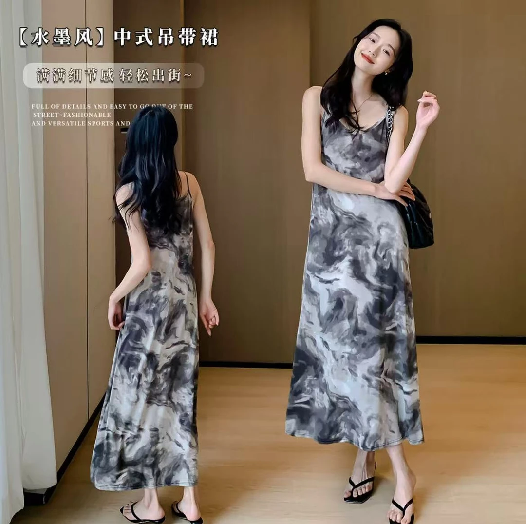 泼墨渲染吊带裙夏季法式休闲显瘦裙子时尚减龄女连衣裙115