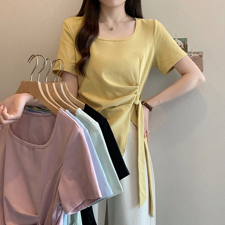 JJ35120专享大码MM夏季新款短袖法式圆领不规则显瘦T恤设计感上衣