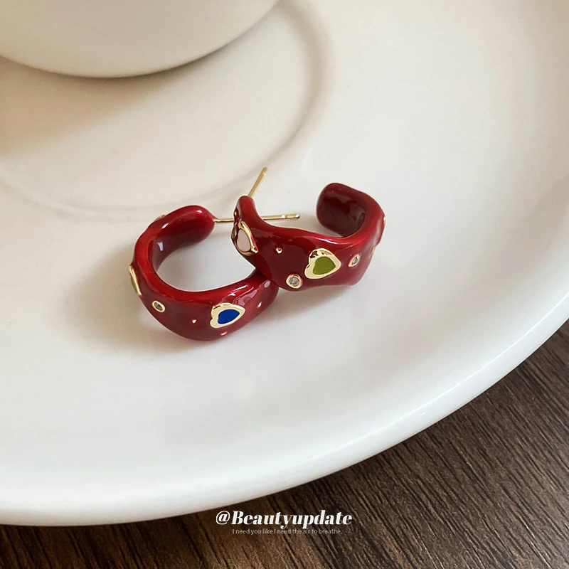 铜合金亚克力耳饰 @APRIL锆石滴油爱心C形耳钉女甜美小众百搭耳环