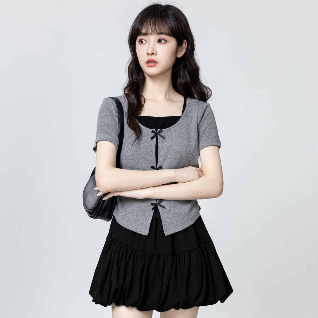 灰色假两件短袖T恤女夏2025夏季新款不规则蝴蝶结正肩体恤短上衣