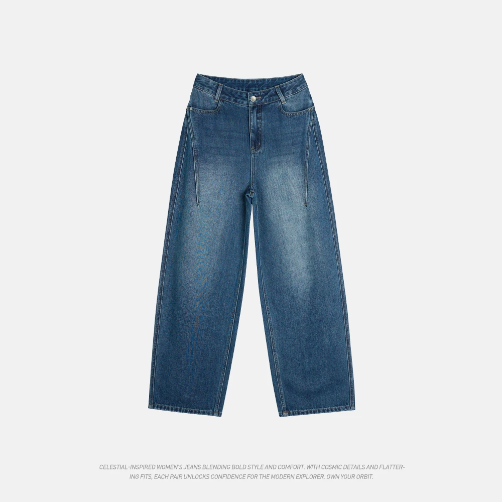 小王家深蓝色弯刀牛仔裤女25年冬季款中高腰宽松显瘦牛仔裤86020