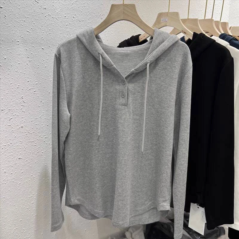 纯棉春秋季新款韩版长袖连帽卫衣宽松显瘦洋气减龄纽扣连帽T恤女