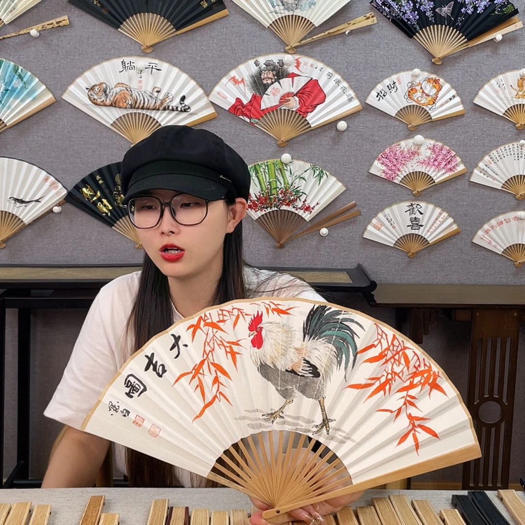 国画8寸玉竹-纯手绘-文玩扇骨（默认粘好）