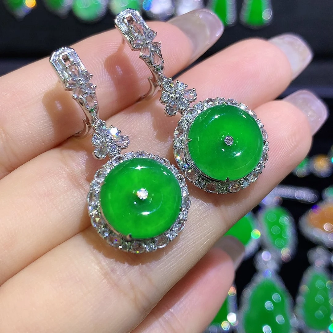 翡翠18K金镶嵌耳饰高冰满绿