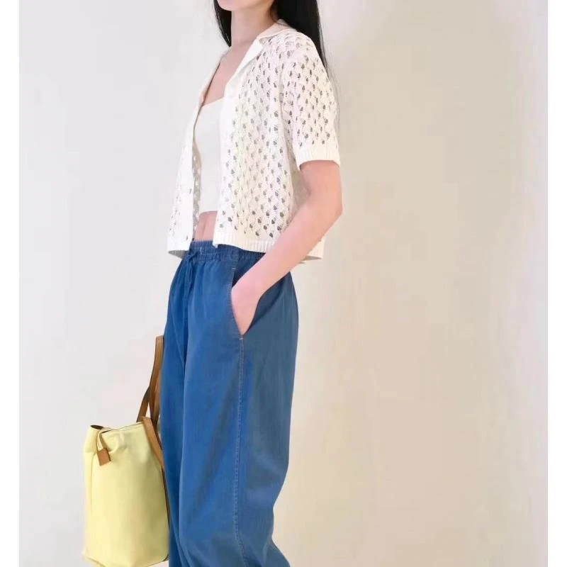 针织衫-24016翻领镂空时尚短袖开衫