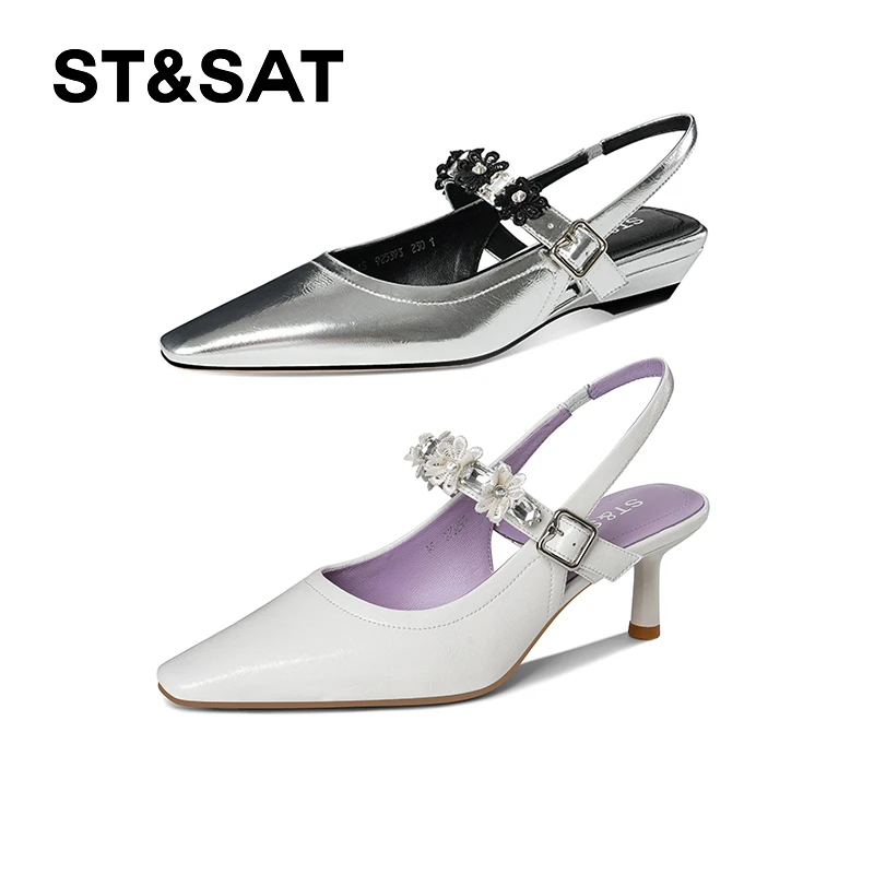 St&Sat/星期六中跟一字式扣带包头水钻方头细跟时尚时装凉鞋百搭