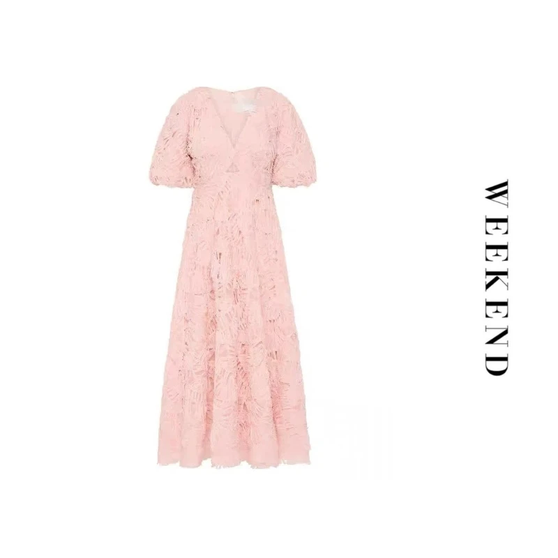 澳洲小众长裙V领连衣裙显瘦泡泡袖法式收腰蕾丝裙子温柔B1273