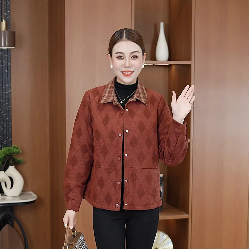 时尚宽松中老年春秋装冬季外套格子领双层设计休闲百搭