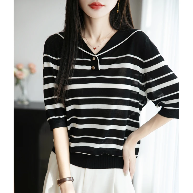 夏季新款莱赛尔天丝条纹海军领针织短袖时尚百搭宽松显瘦气质洋气