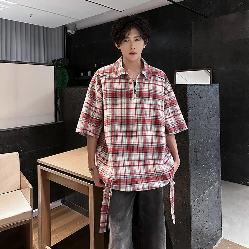 匡虎美式痞帅高级感衬衫t恤男生夏季穿搭翻领短袖polo衫五分袖格