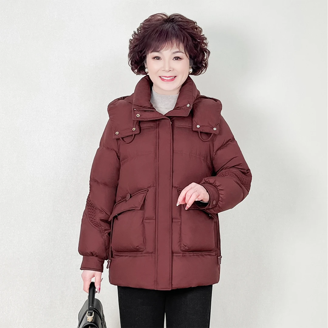 中老年妈妈装加厚白鸭绒羽绒服女中年女士冬季保暖连帽短款外套女