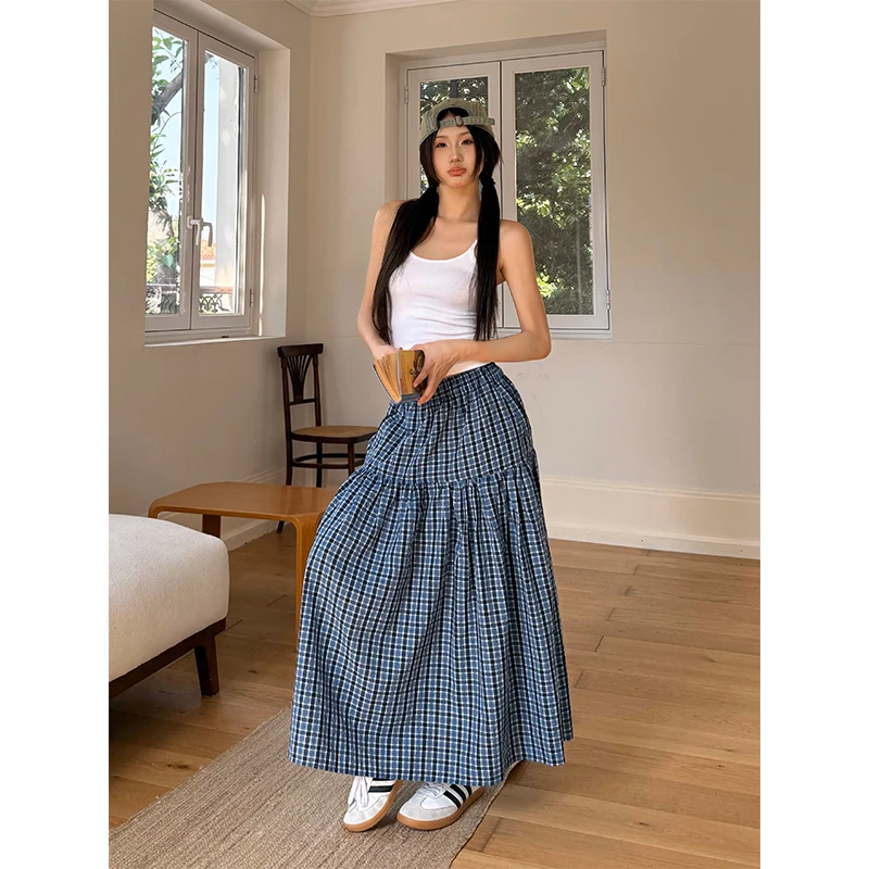 Don Cry 美式格子松紧腰蛋糕半身裙女夏季新款显瘦拼接设计感裙子