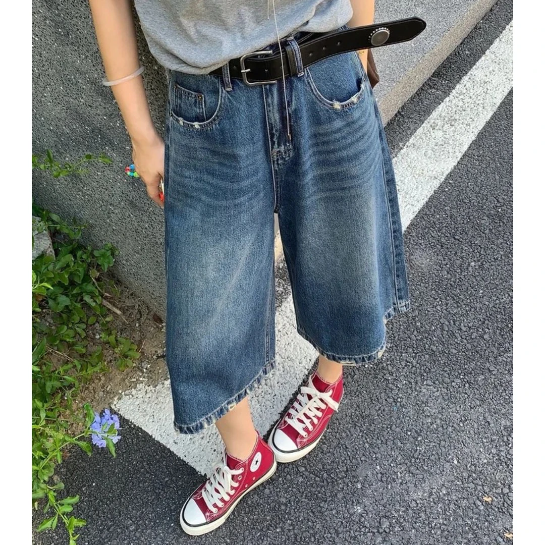 【送腰带】复古高腰夏季薄款七分牛仔裤女显瘦宽松直筒阔腿裤7592 W