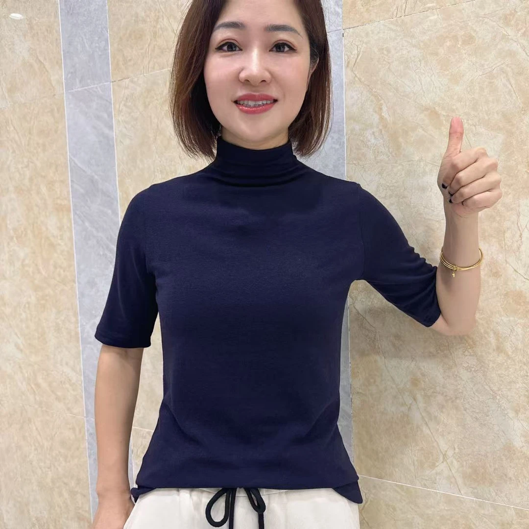 2025秋季女士新款简约休闲百搭修身显瘦自由堆堆领中袖T恤打底衫