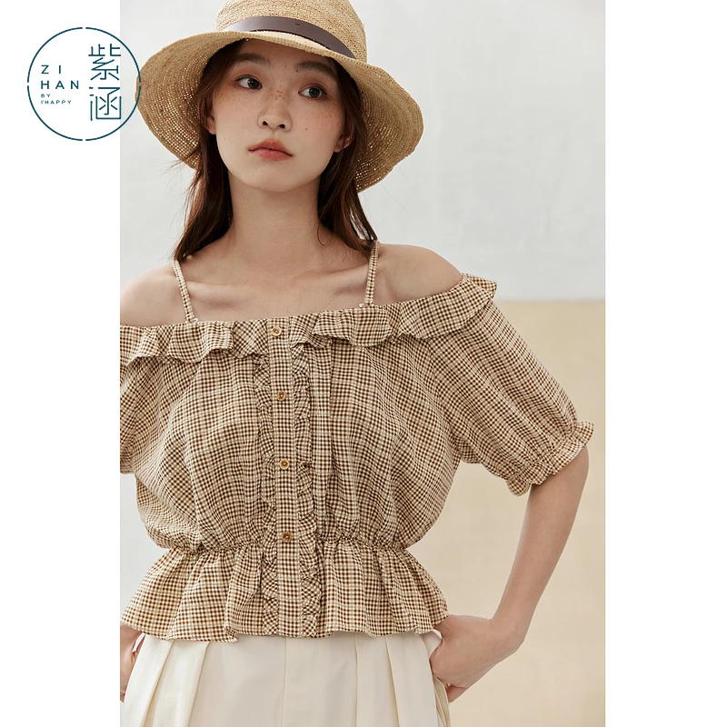 紫涵吊带一字肩小衫2025夏季格纹收腰花边灯笼袖上衣Z5Z03AN143