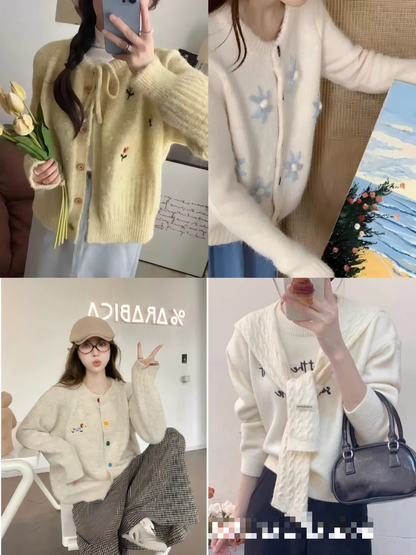 A01-A141朵常规款保暖发热针织秋冬毛针织衫落肩袖圆领开衫款
