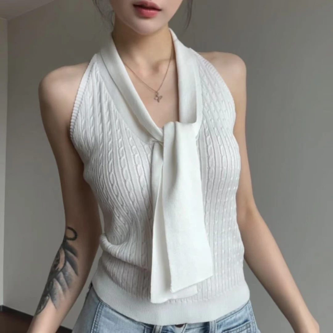 吊带背心女夏季辣妹纯欲蕾丝拼接无袖绑带设计感显瘦别致针织上衣