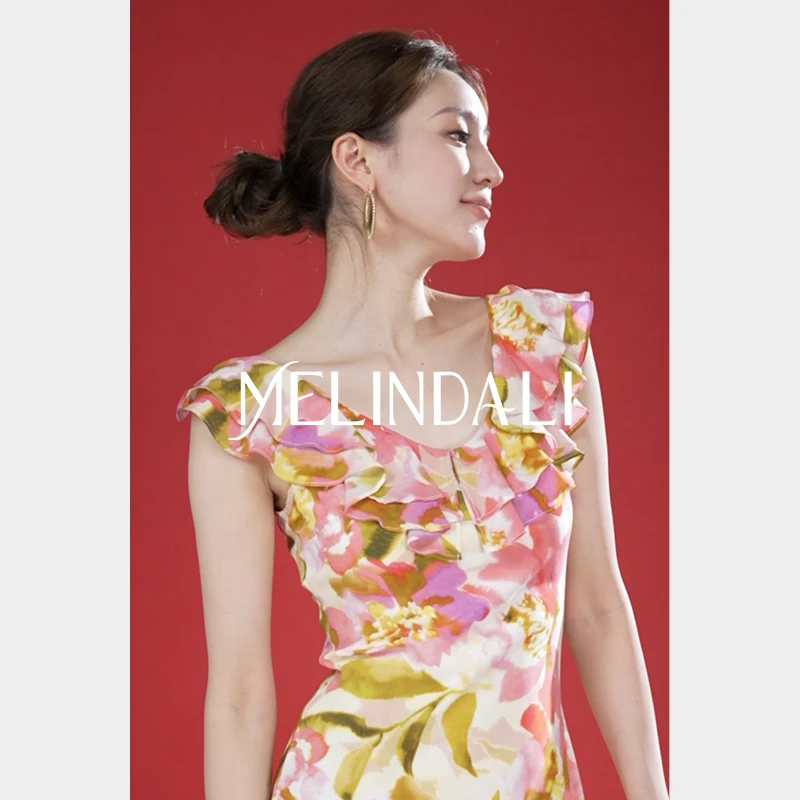 Melinda Li【春日花境】早秋法式14MM桑蚕丝印花双层荷叶斜裁连衣