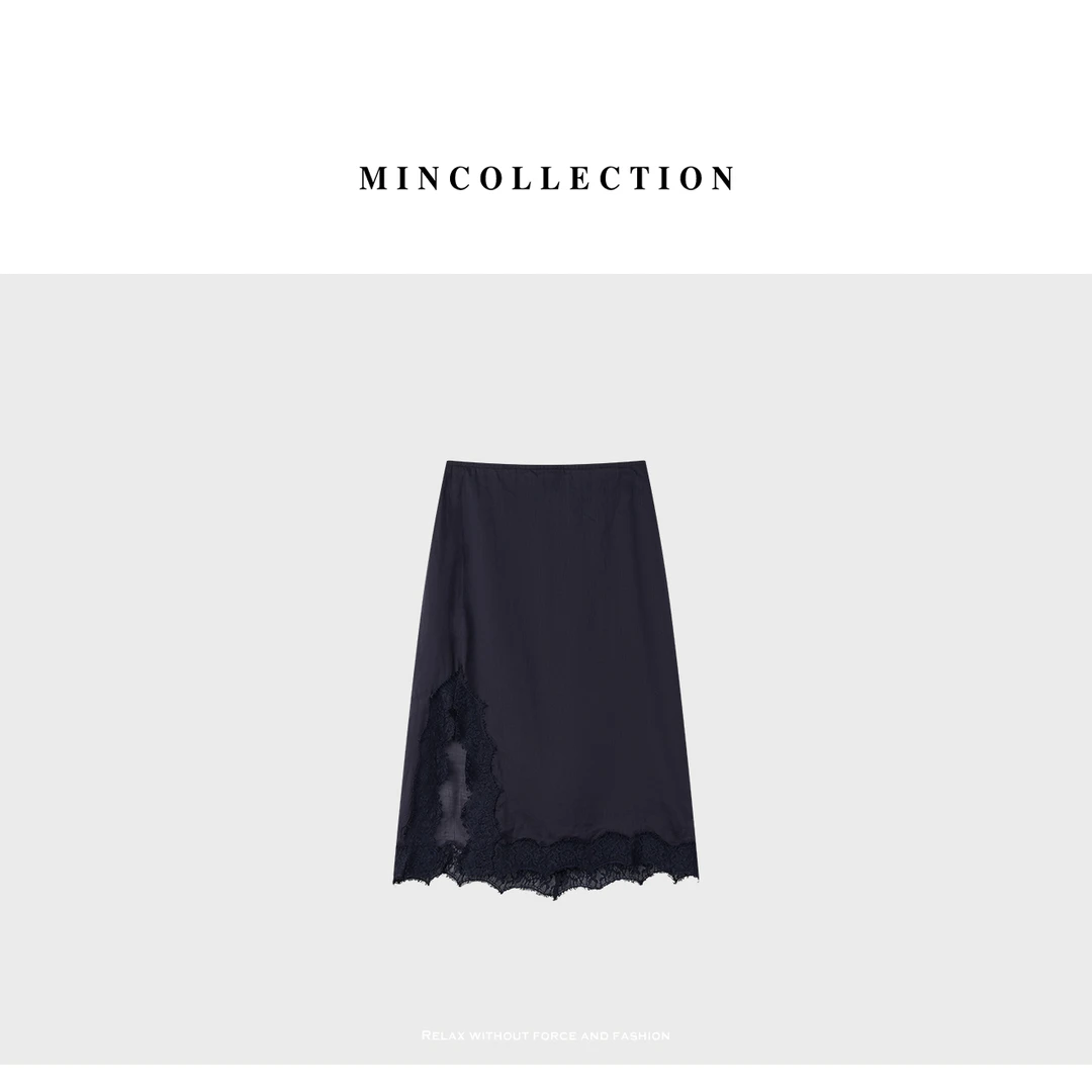 苎麻蕾丝裙/法式侧开叉精致蕾丝拼接半身裙55437