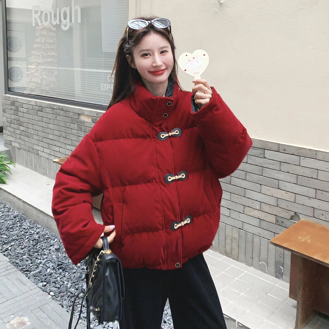 两面穿红色复古丝绒短款羽绒服女2025冬季高级感立领白鸭绒面包服