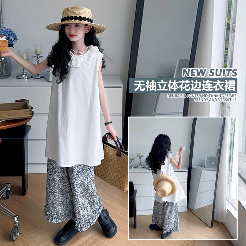 女大童套装女夏季韩版黑色短袖波点T恤搭配碎花蛋糕半身裙两件套