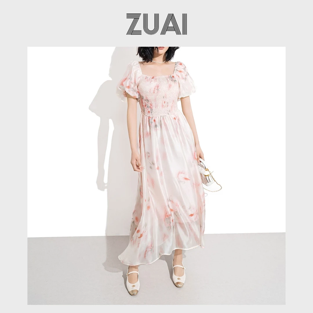 【在逃公主裙】韩国炒印光轻纱法式碎花方领连衣裙W23BZ7130