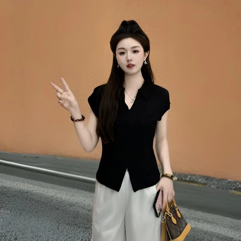 宿慕SUMU法式V领女士短袖T恤新款夏季气质显瘦洋气衣服小众女装