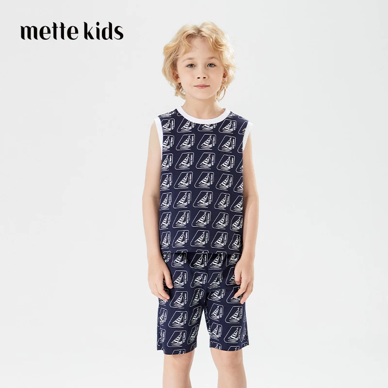 【凉感】mettekids儿童背心男童套装夏休闲满印花无袖短裤两件套