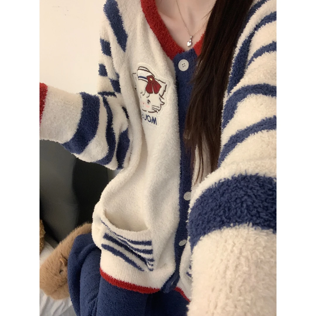 甜美可爱Kitty半边绒睡衣女秋冬季新款加厚保暖家居服套装可外穿