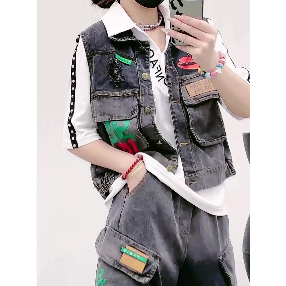 牛仔套装女休闲时尚洋气春秋宽松嘻哈设计感欧货马甲牛仔裤两件套