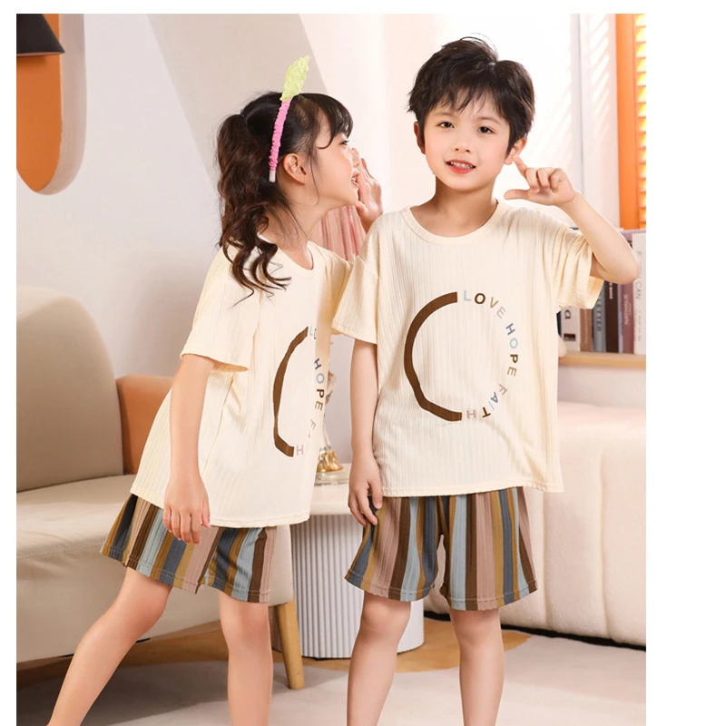 梦潮 夏季男女儿童冰丝家居服睡衣套装清爽儿童圆领睡衣CM1421