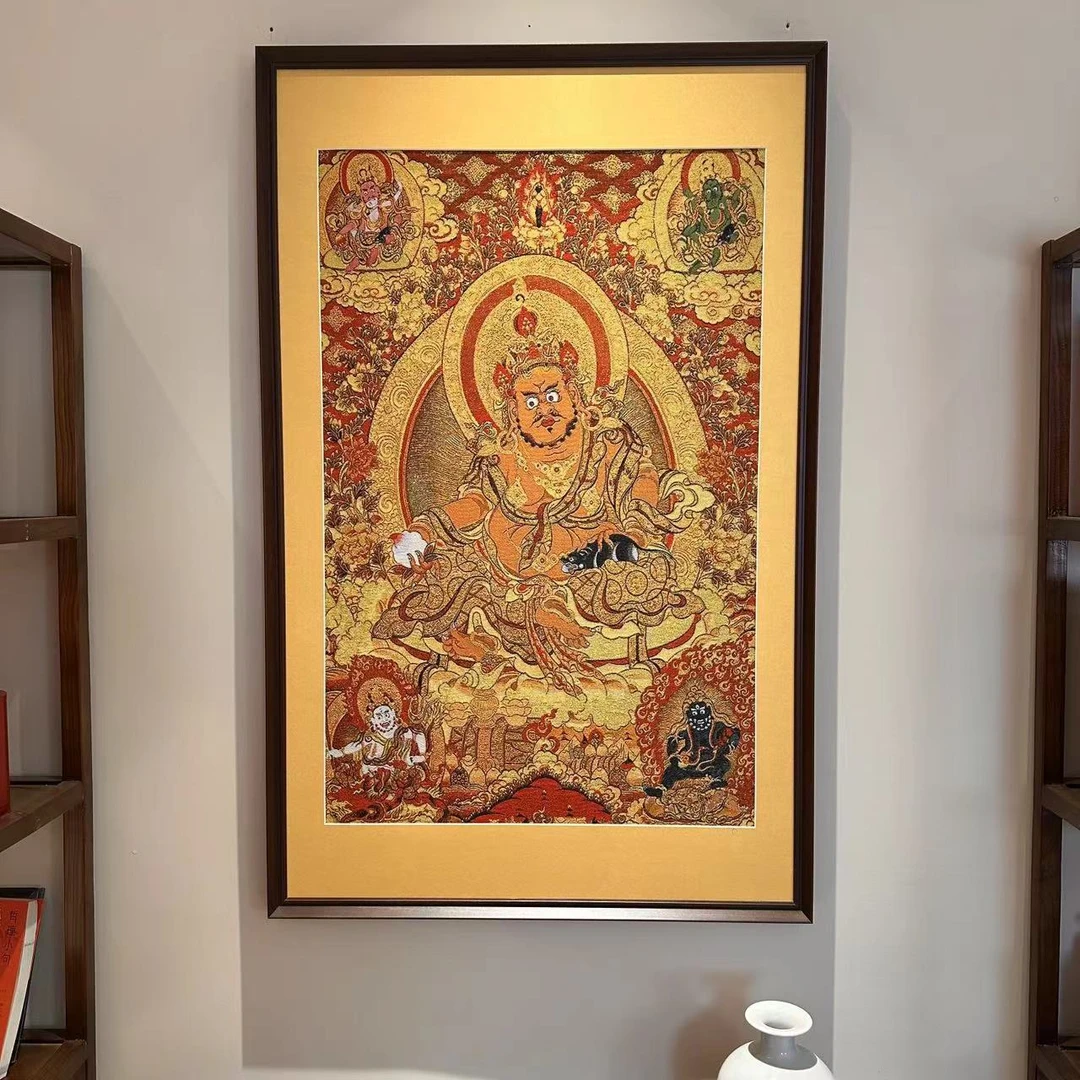 刺绣【五路财神】挂画实木装裱办公室玄关茶室客厅背景墙装饰画