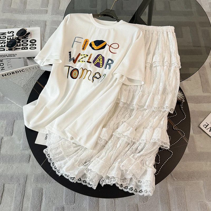 休闲时尚运动套装女夏季新款圆领白色字母印花上衣蕾丝长裙两件套