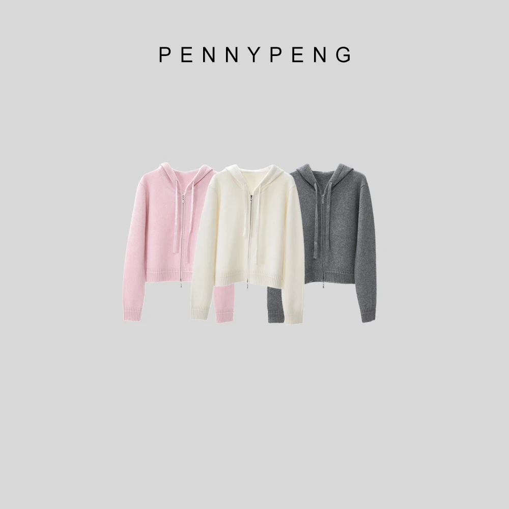 PENNYPENG大一新生早春时尚休闲百搭三色舒适短款连帽拉链开衫