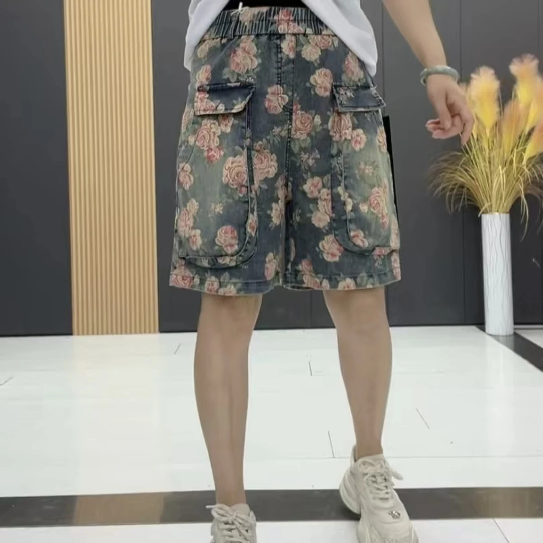 2623*G大码时尚五分夏季短裤显瘦潮流玫瑰复古百搭宽松牛仔短裤