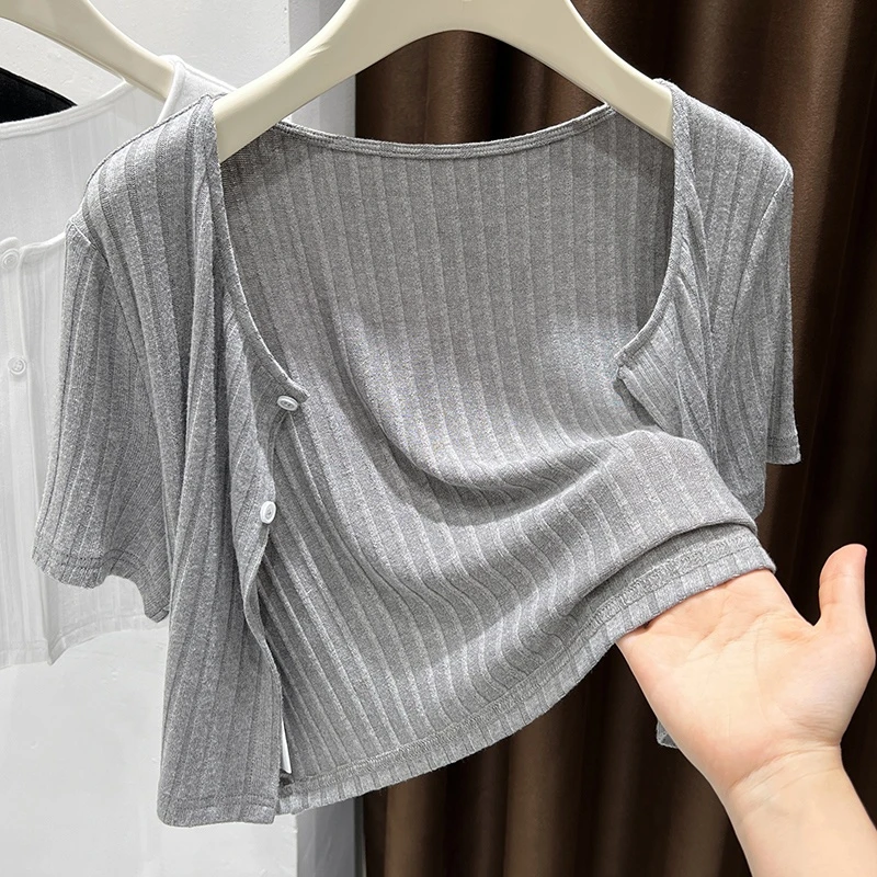时髦洋气纯色高品质女装外搭2025夏季清凉感正肩短袖薄款针织开衫