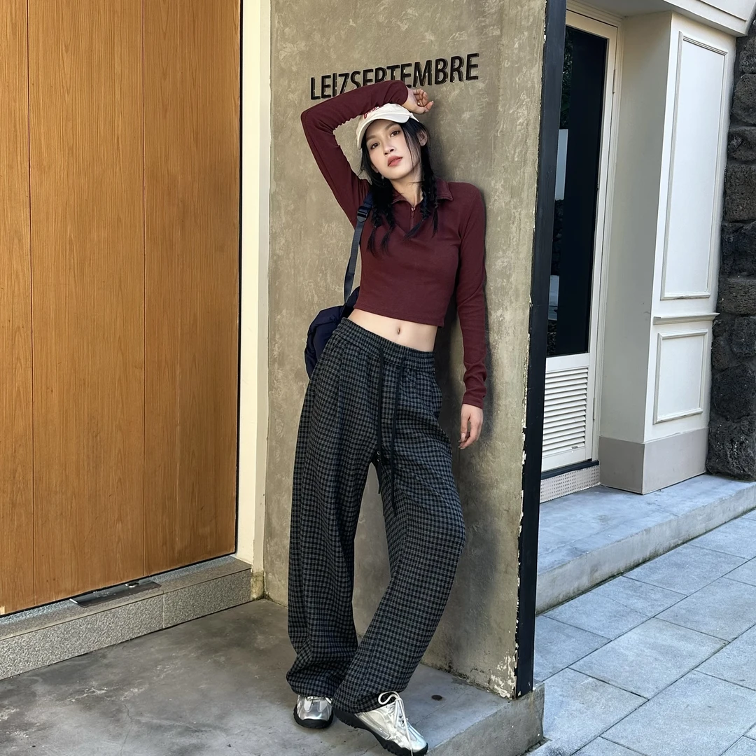 BASIC BUTTON2025爆款千鸟格轻奢痞帅百搭卫裤秋冬潮流宽松休闲裤