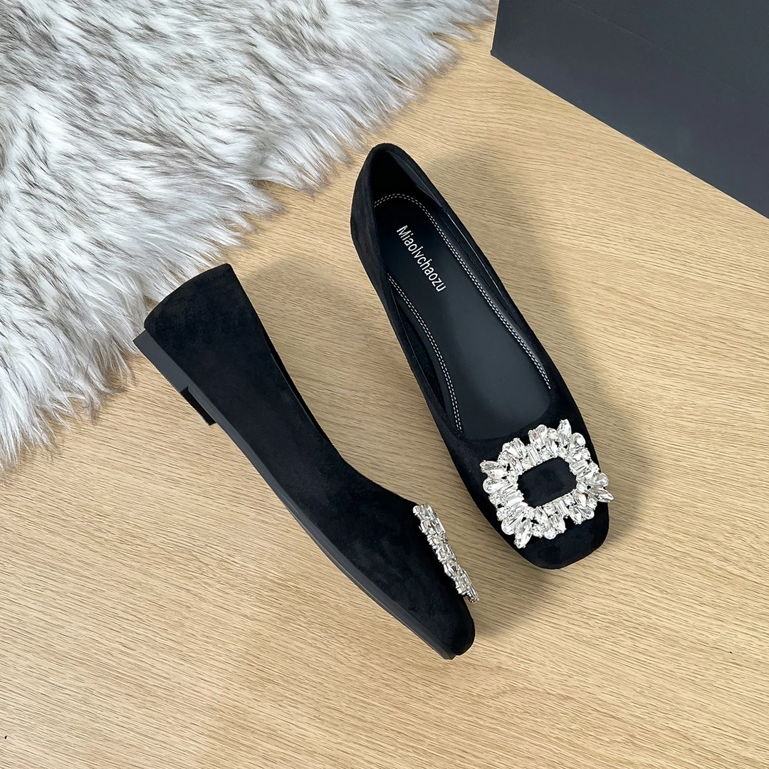 方钻平底鞋女加绒鞋子女款黑色方头水钻女鞋秋冬款方扣单鞋大码41