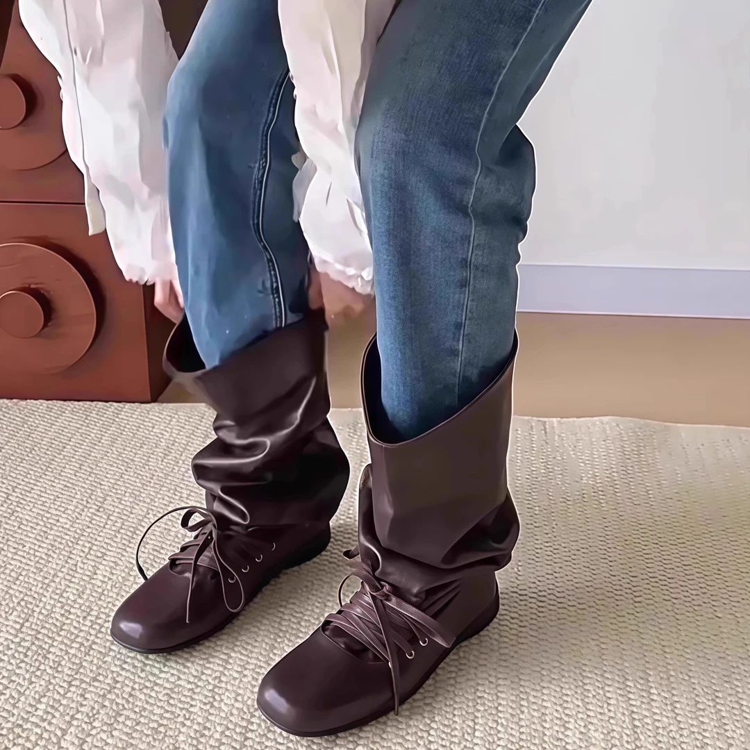 方头褶皱西部堆堆靴女2025年秋季新款复古厚底芭蕾舞绑带中筒靴子